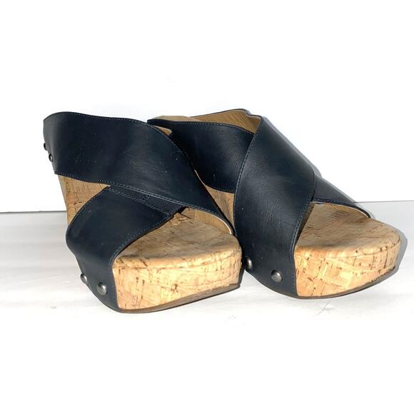 The Lucky Brand Sz 8.5 Dark Blue Strappy Nailhead Cork Wedge Sandal - Picture 1 of 10